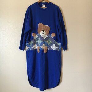 Vintage Adonna Nightgown S/M Teddy Bear Quilted Blue 90s Pajamas Dress